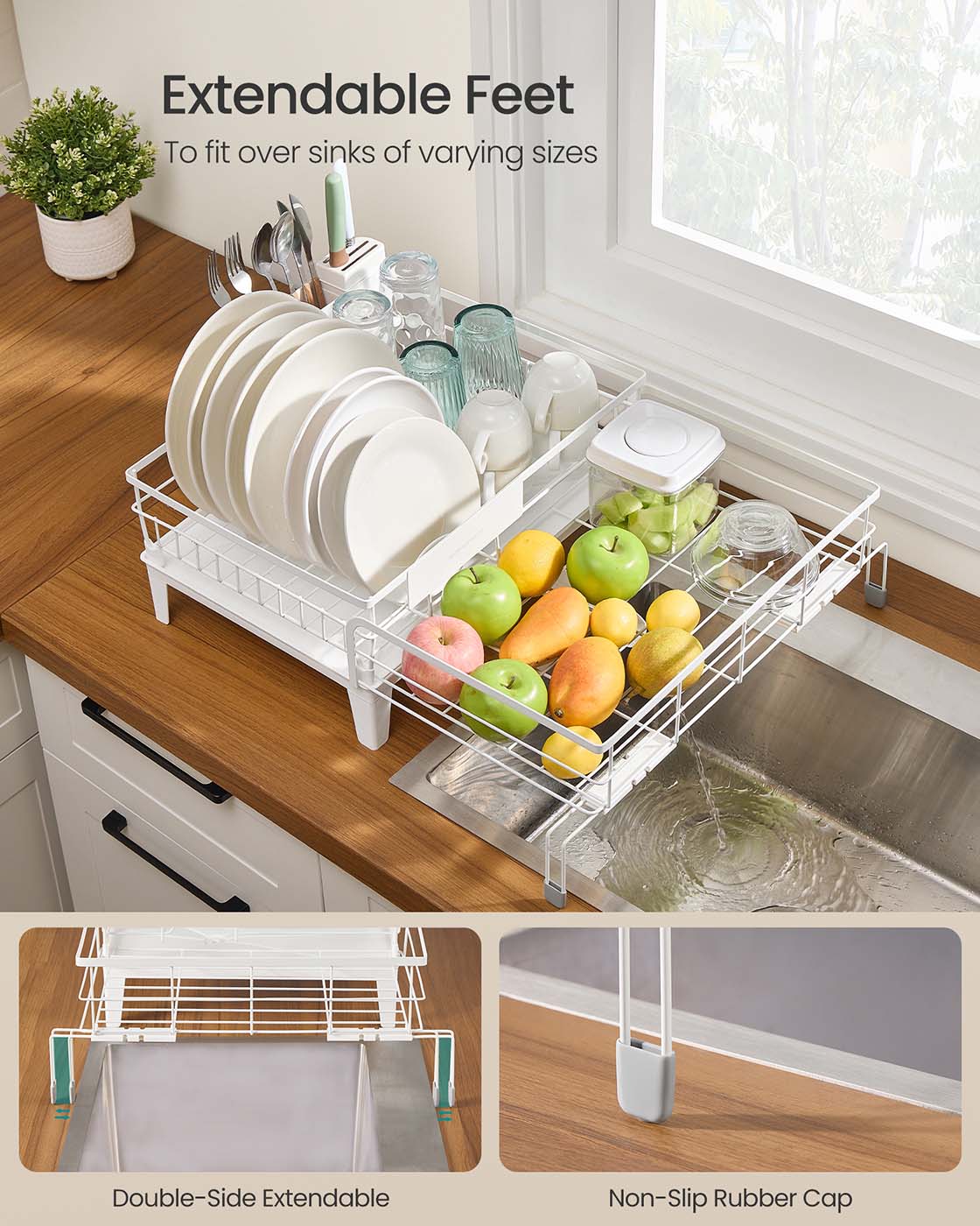 Dish Drying Rack - Steel - Matte White - Expandable Design with Water-Absorbent Silicone Mat