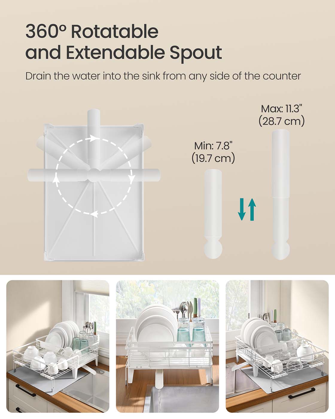 Dish Drying Rack - Steel - Matte White - Expandable Design with Water-Absorbent Silicone Mat