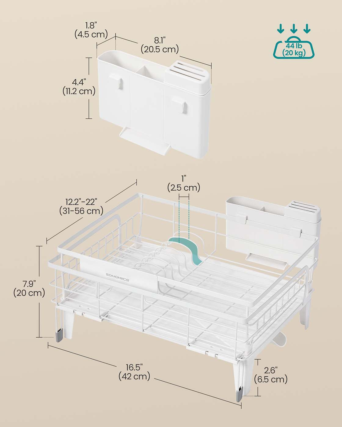 Dish Drying Rack - Steel - Matte White - Expandable Design with Water-Absorbent Silicone Mat