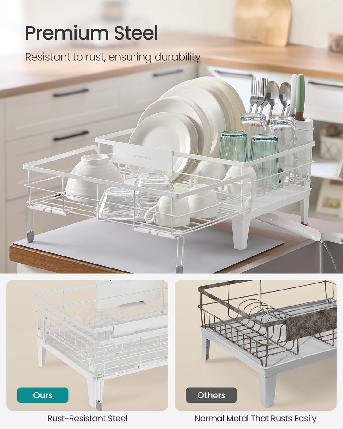 Dish Drying Rack - Steel - Matte White - Expandable Design with Water-Absorbent Silicone Mat