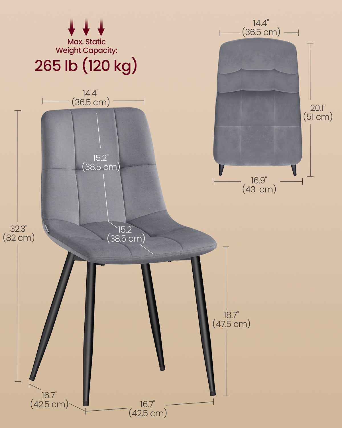 Dining Chairs - Set of 4 - Slate Grey - 51 x 43 x 82 cm