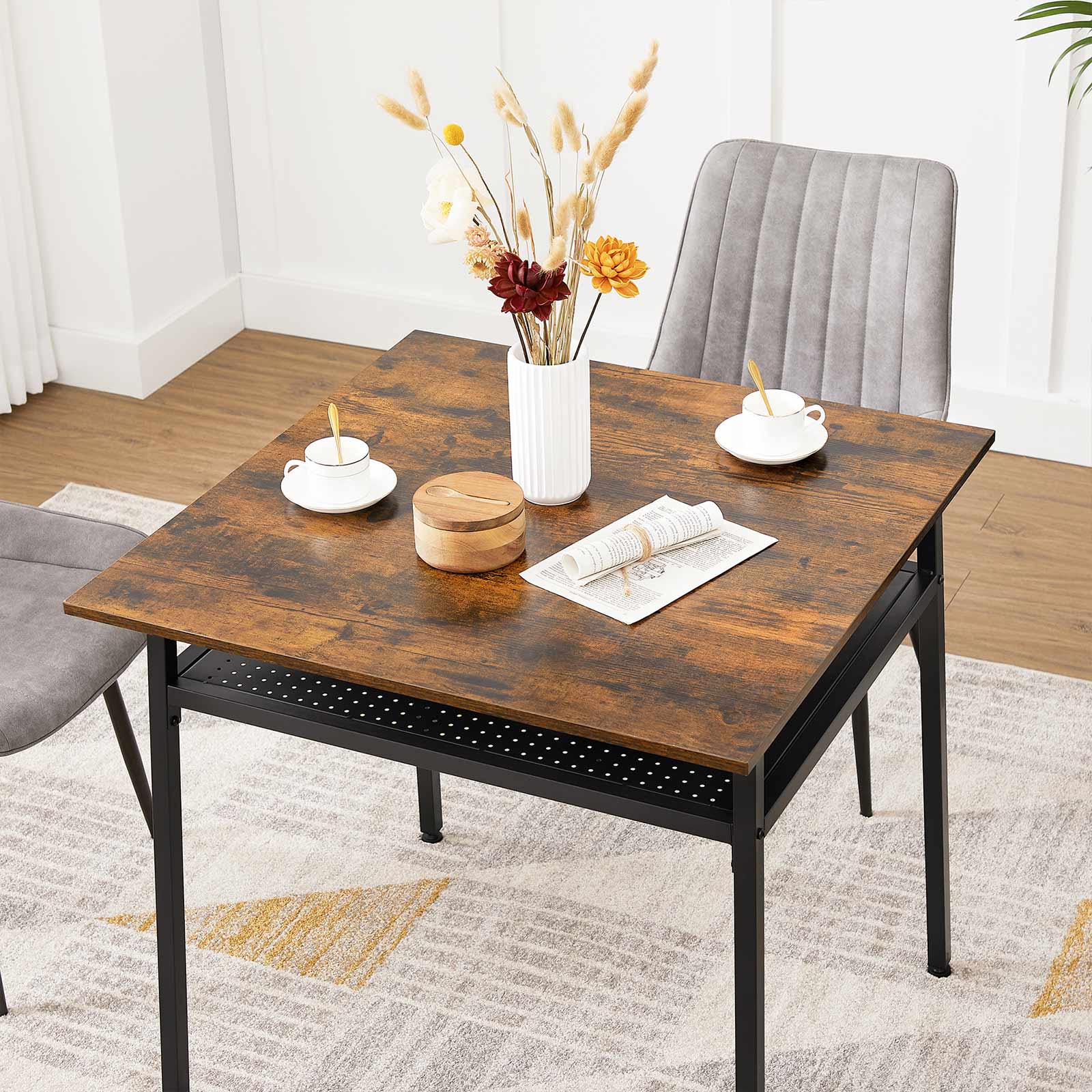 Square Dining Table - Wood - Rustic Brown and Black - Functional Storage for Everyday Needs