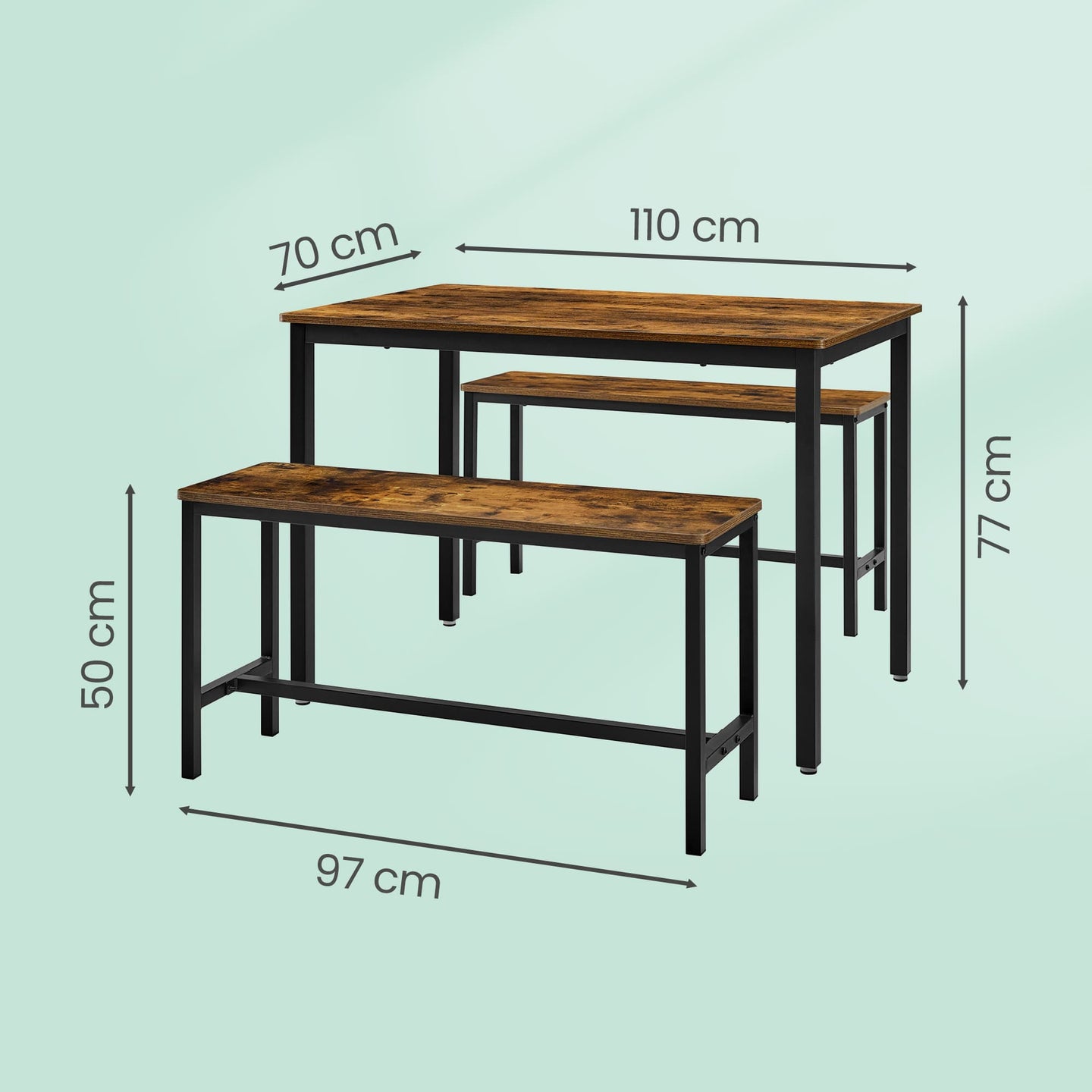 3-Piece Kitchen Table and Bench Set - Steel Frame - Rustic Brown and Black