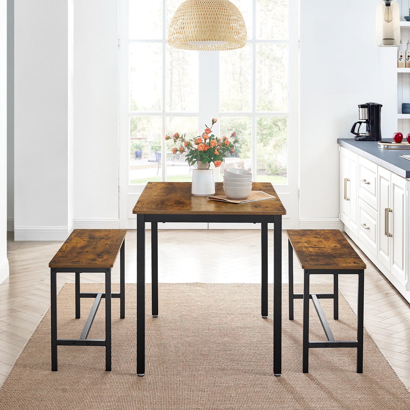 3-Piece Kitchen Table and Bench Set - Steel Frame - Rustic Brown and Black