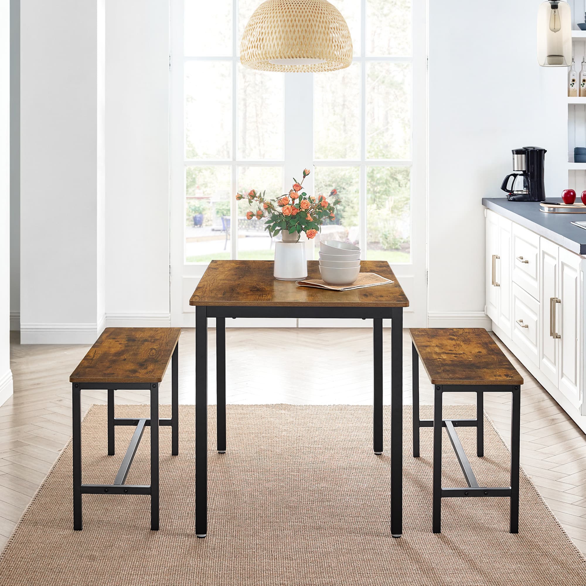 3-Piece Kitchen Table and Bench Set - Steel Frame - Rustic Brown and Black
