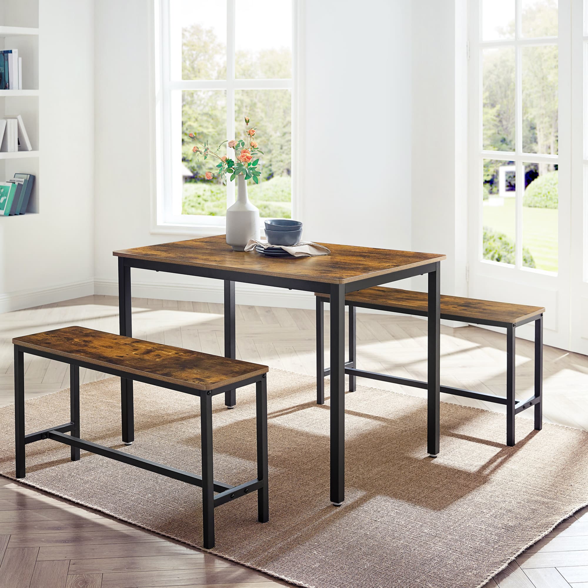 3-Piece Kitchen Table and Bench Set - Steel Frame - Rustic Brown and Black