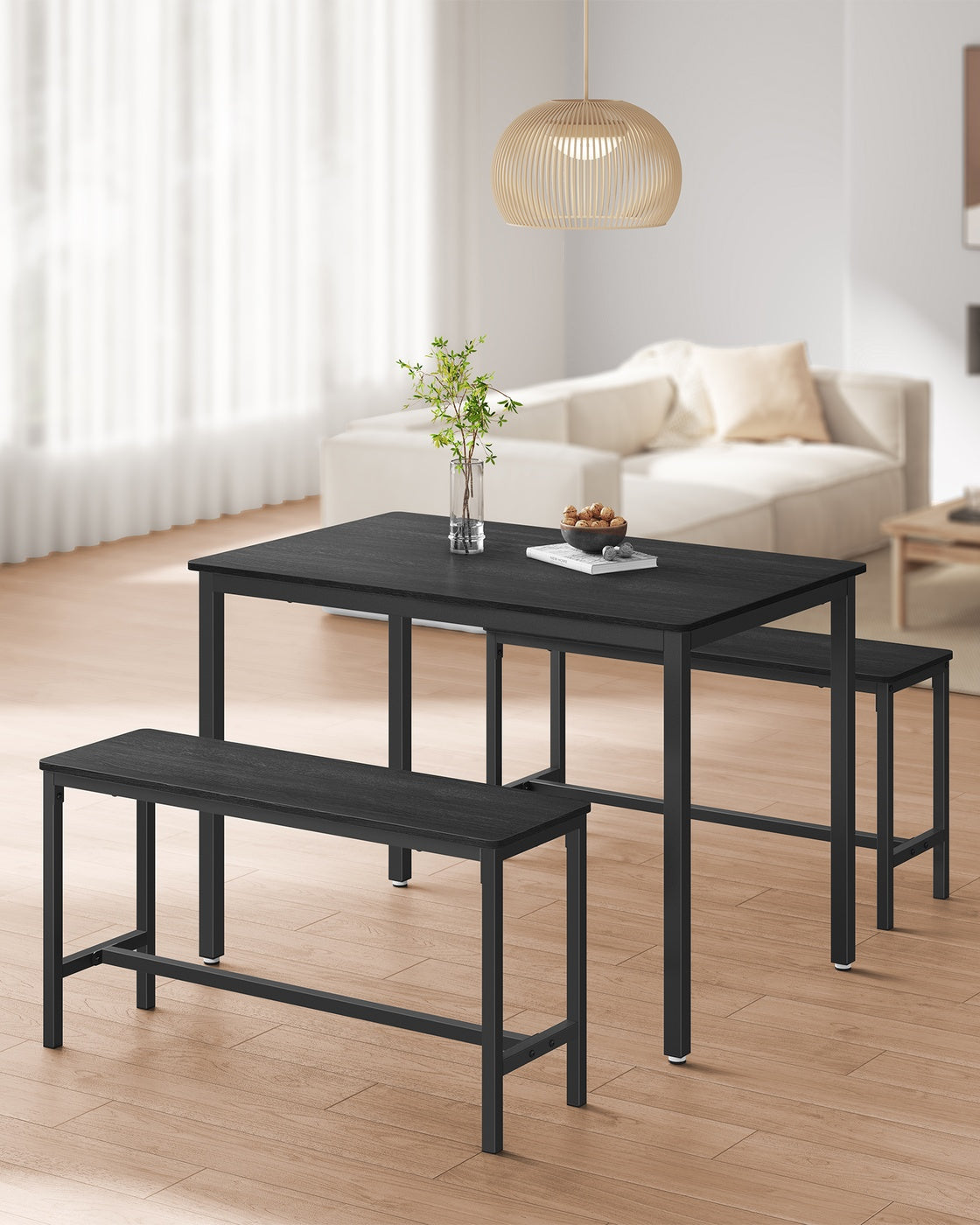 Dining Table Set - Includes 2 Benches - Steel - Rustic Brown and Black