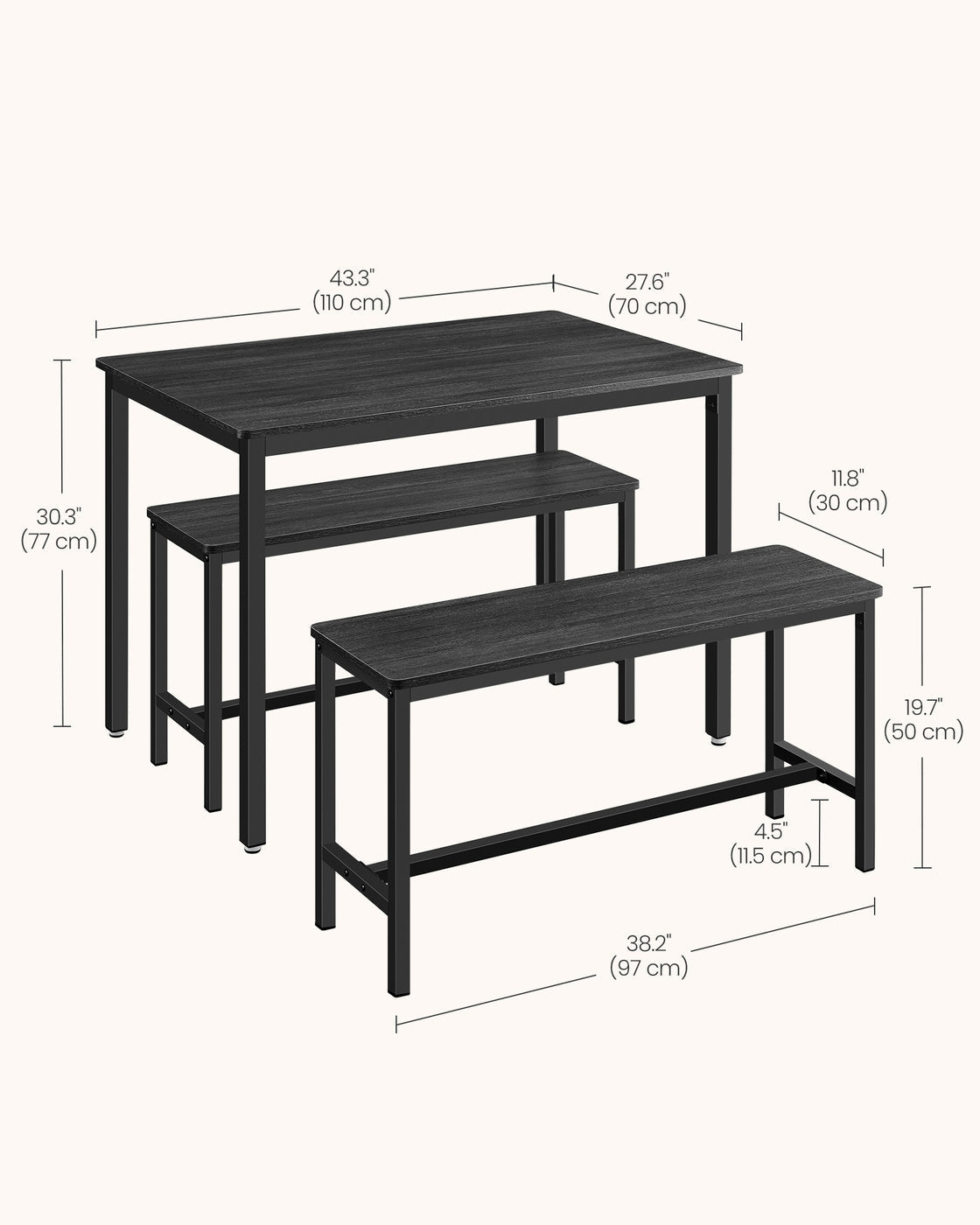 Dining Table Set - Includes 2 Benches - Steel - Rustic Brown and Black