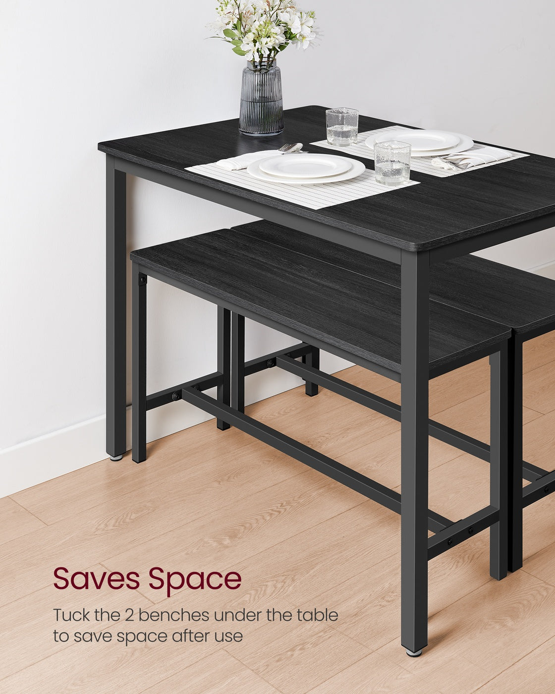 Dining Table Set - Includes 2 Benches - Steel - Rustic Brown and Black