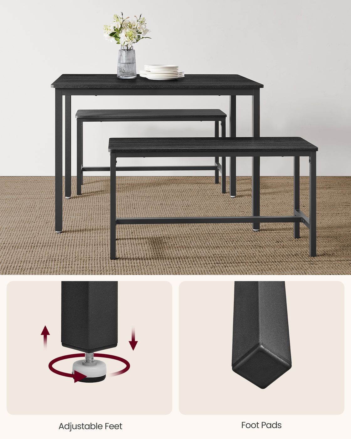 Dining Table Set - Includes 2 Benches - Steel - Rustic Brown and Black