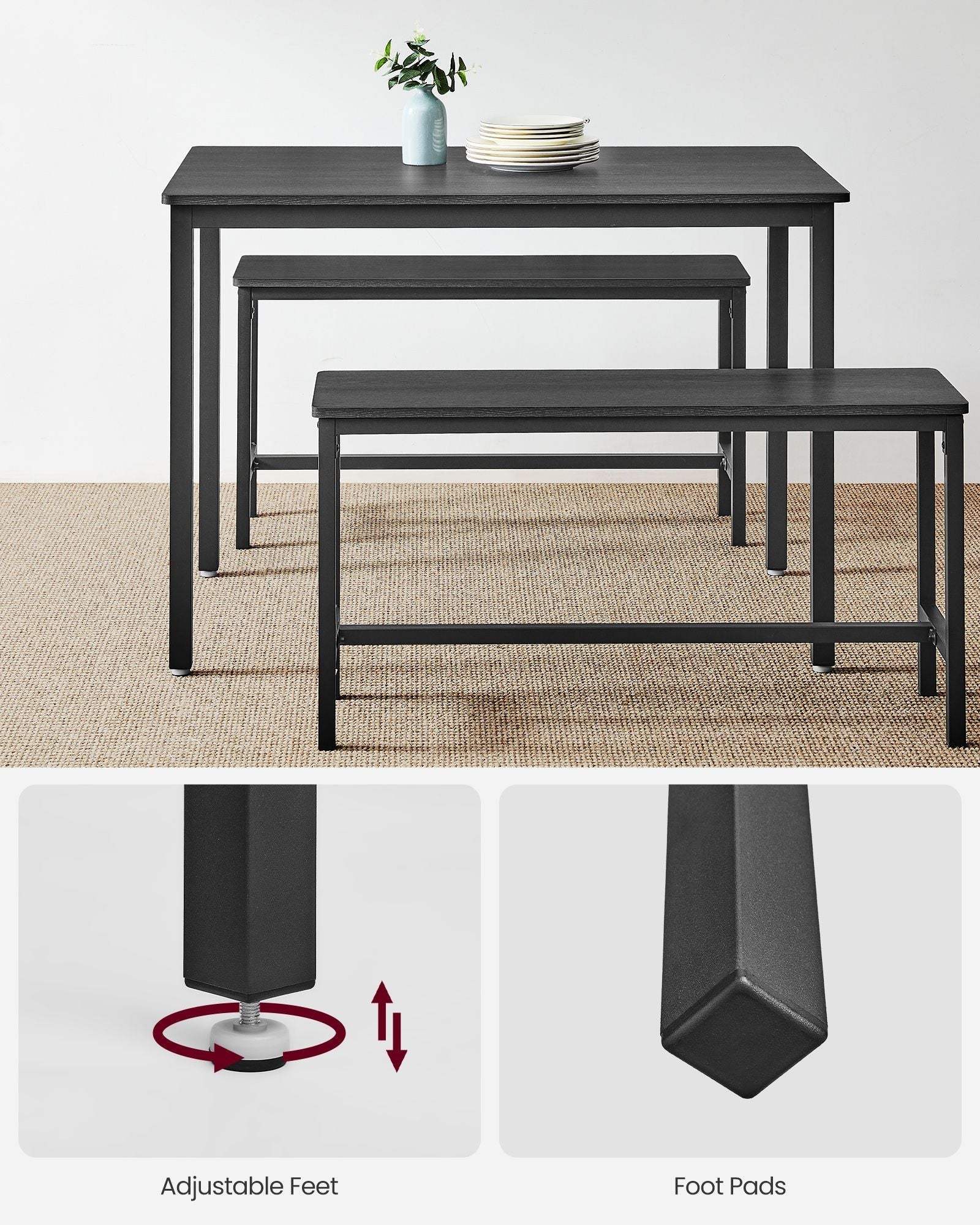 Dining Table Set - Steel - Ash Black and Ink Black