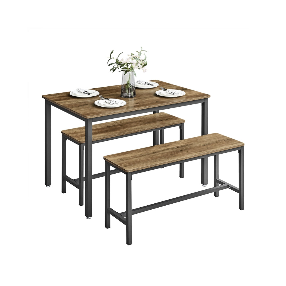 Dining Table Set - Includes 2 Benches - Steel - Rustic Brown and Black