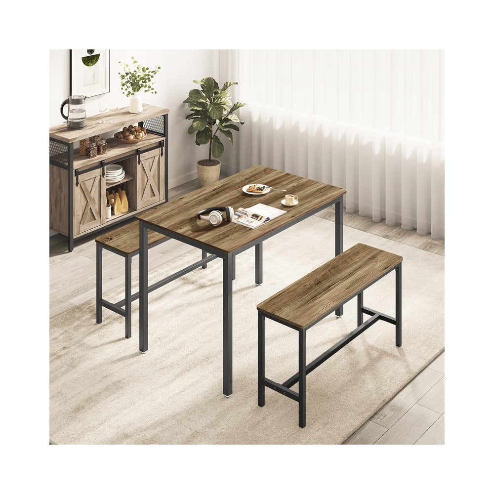 Dining Table Set - Includes 2 Benches - Steel - Rustic Brown and Black