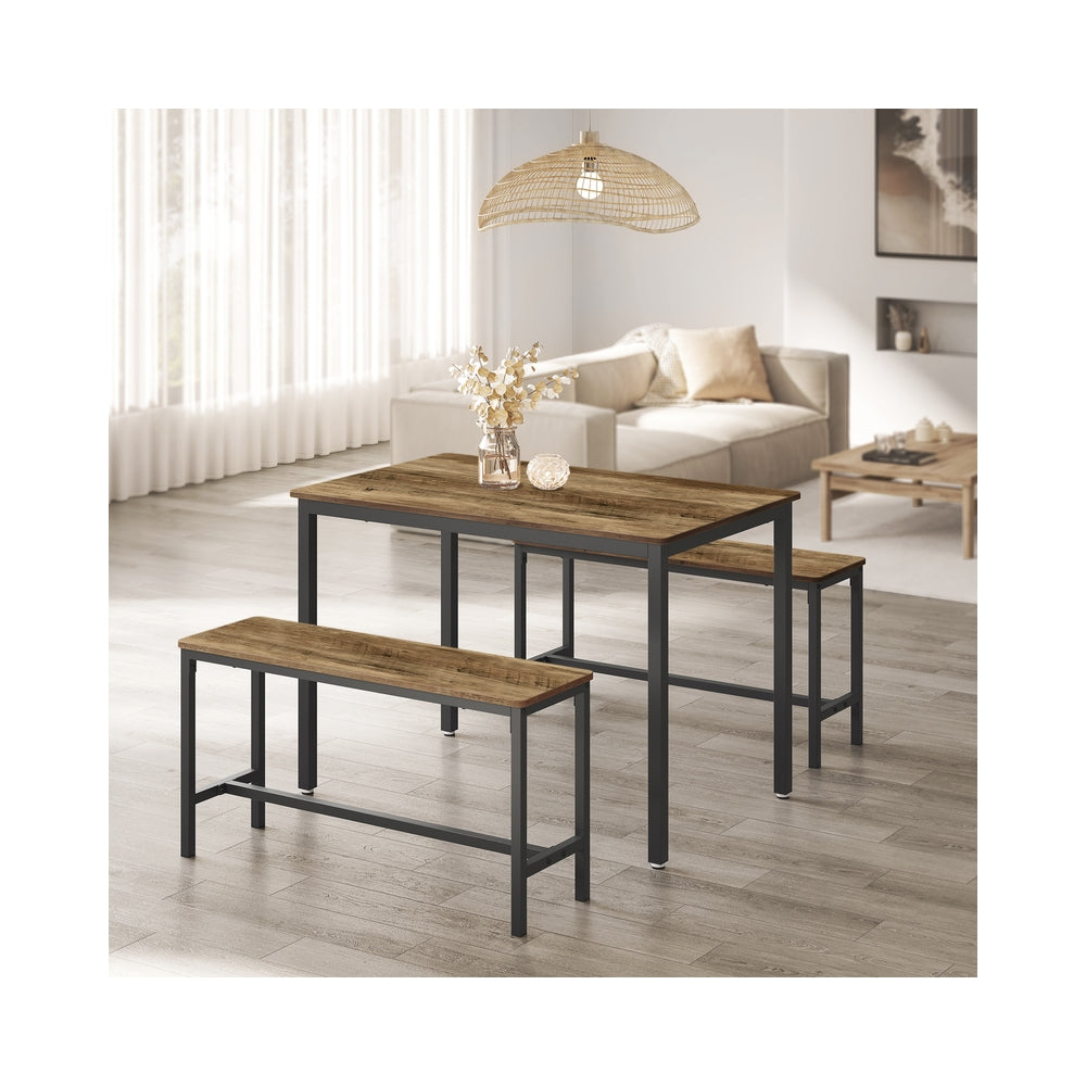 Dining Table Set - Includes 2 Benches - Steel - Rustic Brown and Black