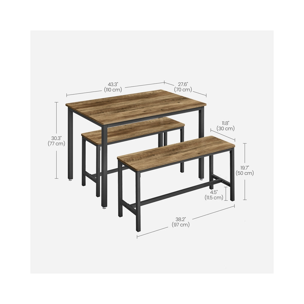 Dining Table Set - Includes 2 Benches - Steel - Rustic Brown and Black