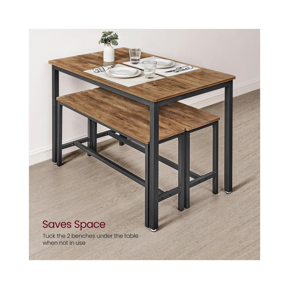 Dining Table Set - Includes 2 Benches - Steel - Rustic Brown and Black