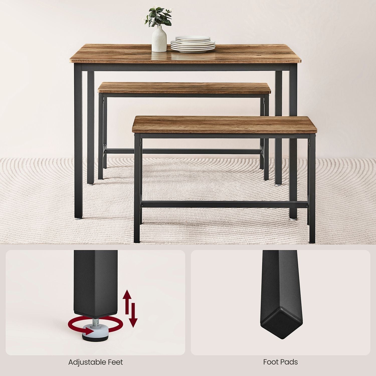Dining Table Set - Includes 2 Benches - Steel - Rustic Brown and Black