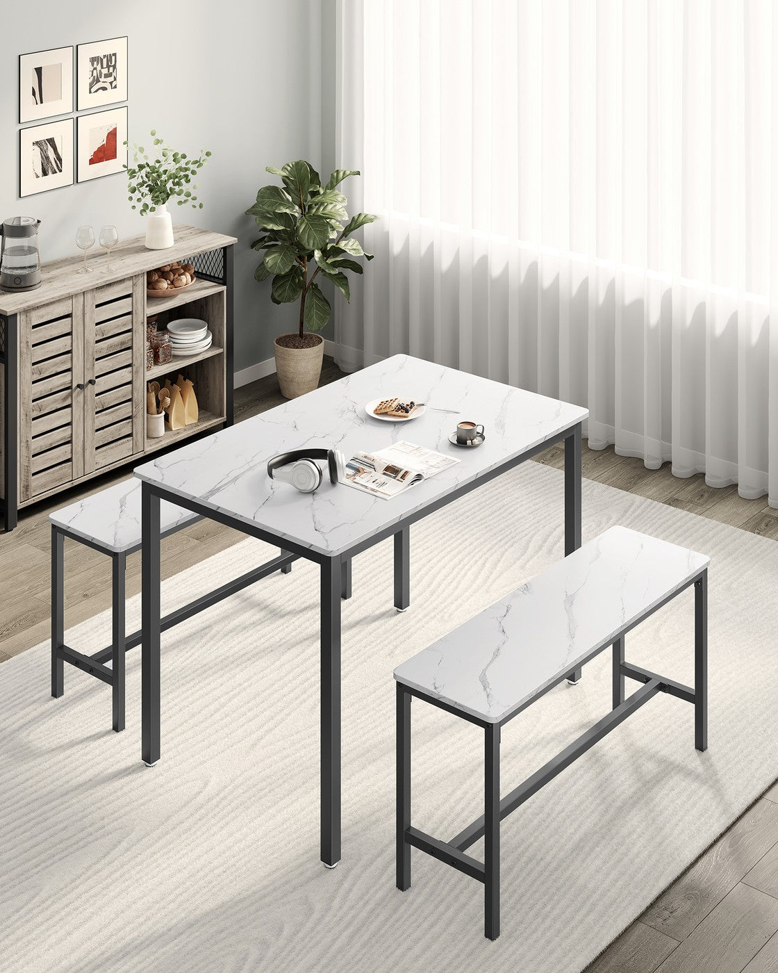 Dining Table Set - Includes 2 Benches - Steel - Rustic Brown and Black