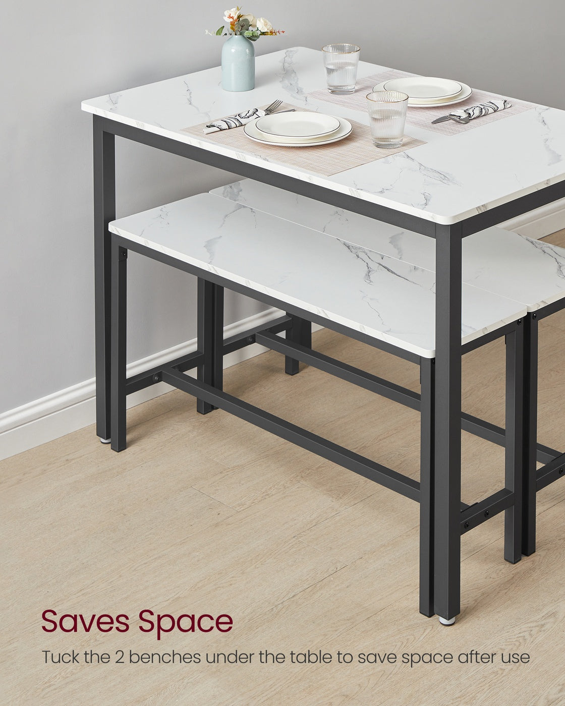 Dining Table Set - Includes 2 Benches - Steel - Rustic Brown and Black