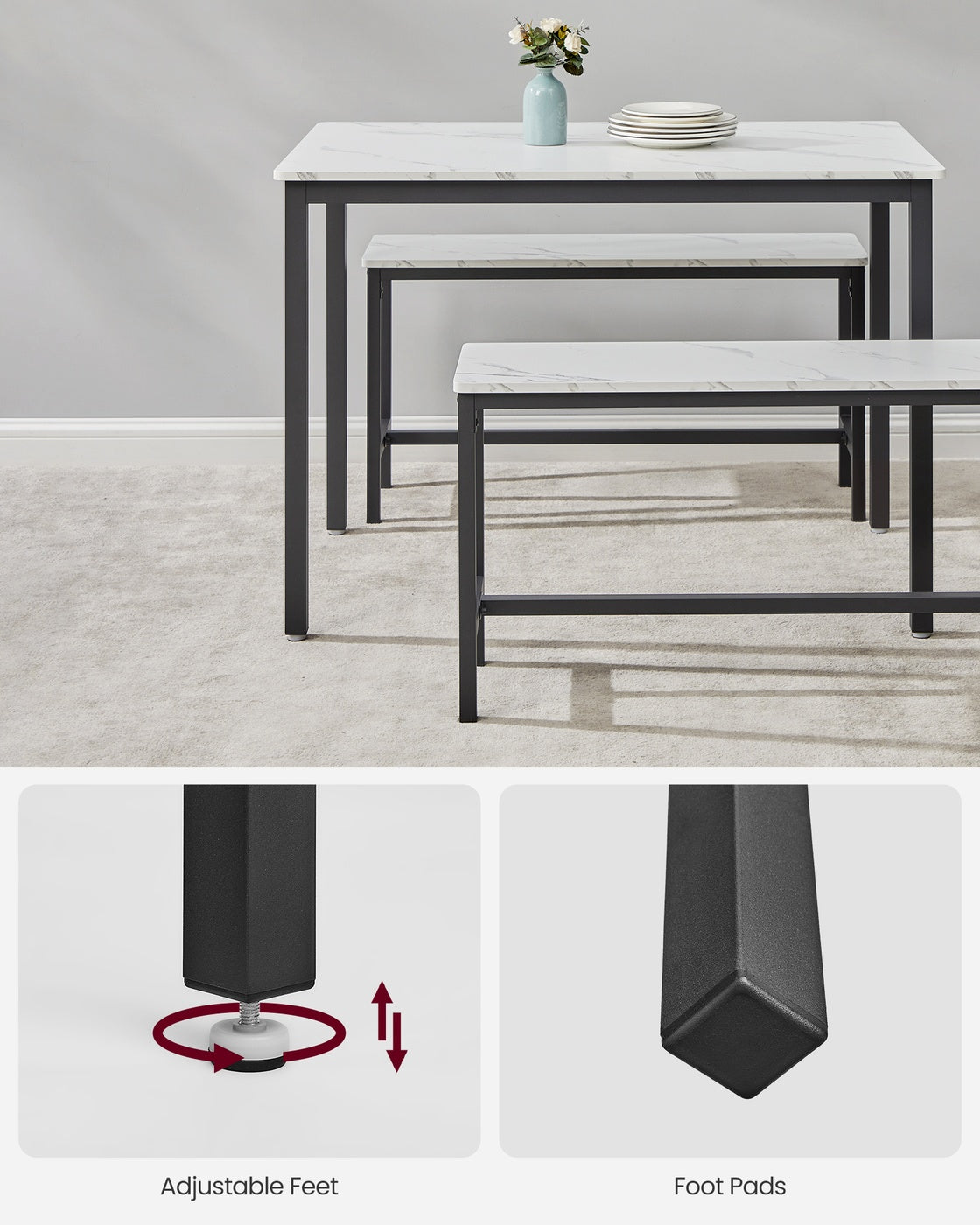 Dining Table Set - Includes 2 Benches - Steel - Rustic Brown and Black