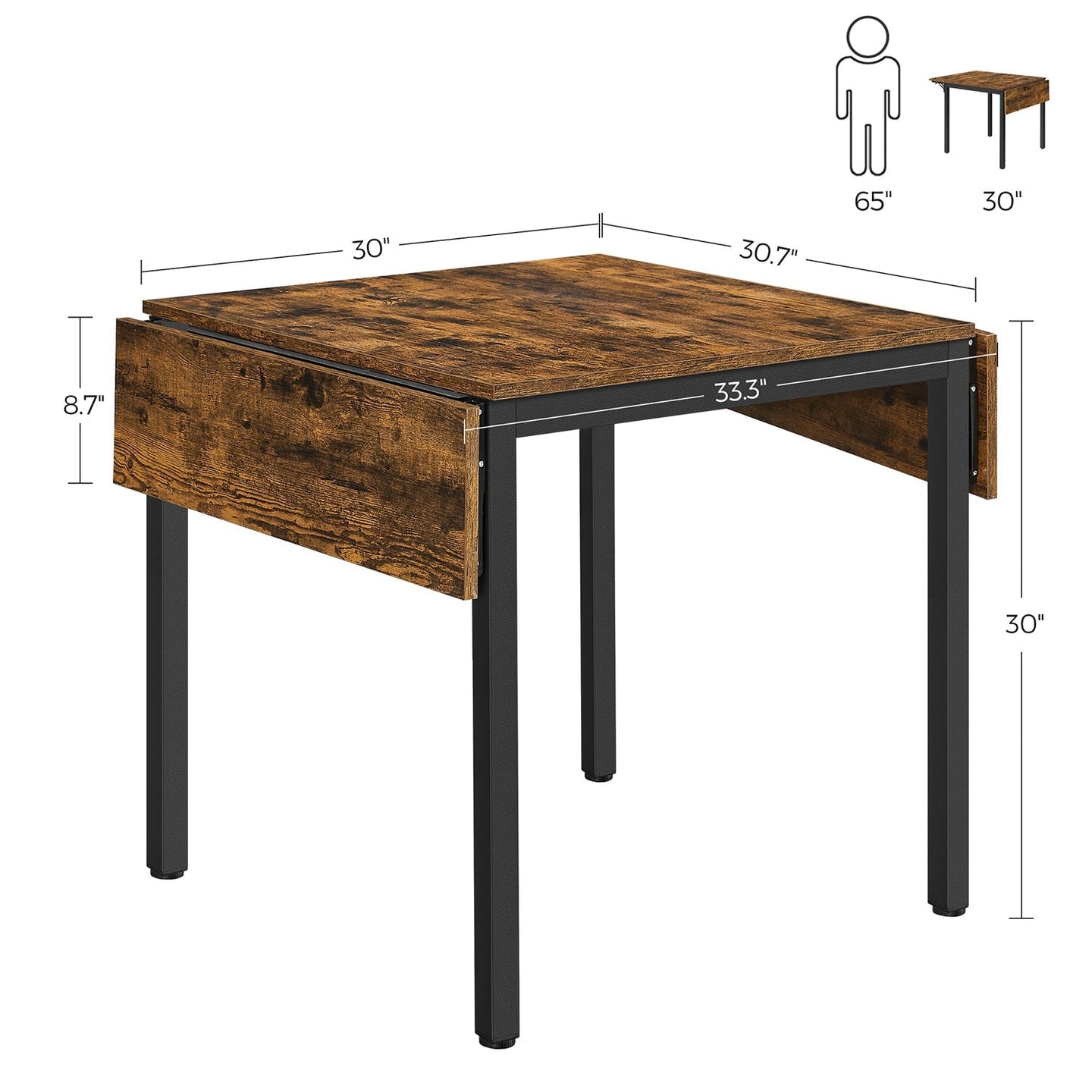 Extendable Dining Table - Wood - Rustic Brown - Folding Design for Small Spaces
