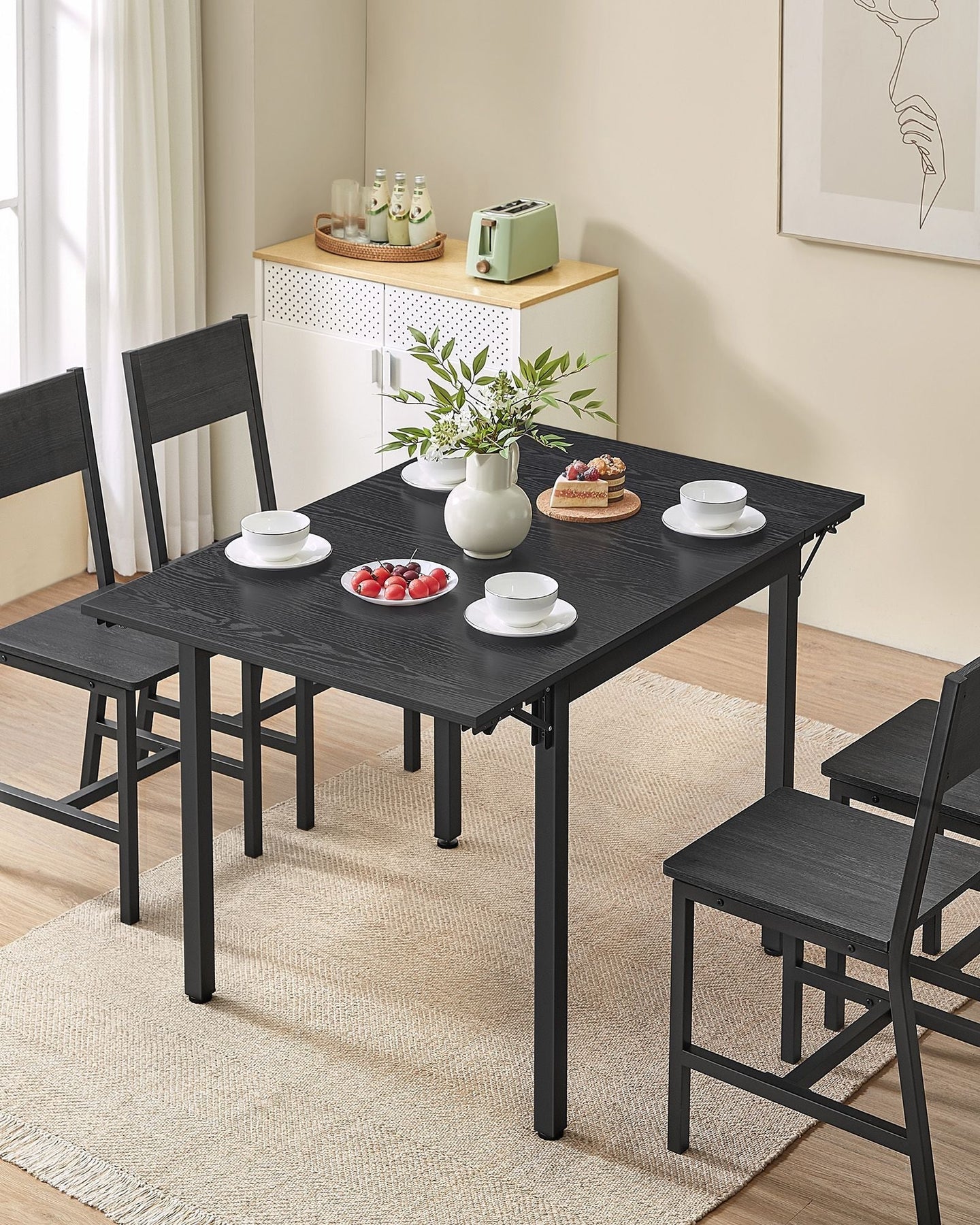 Folding Dining Table - MDF - Ebony Black - Extendable for Small Spaces