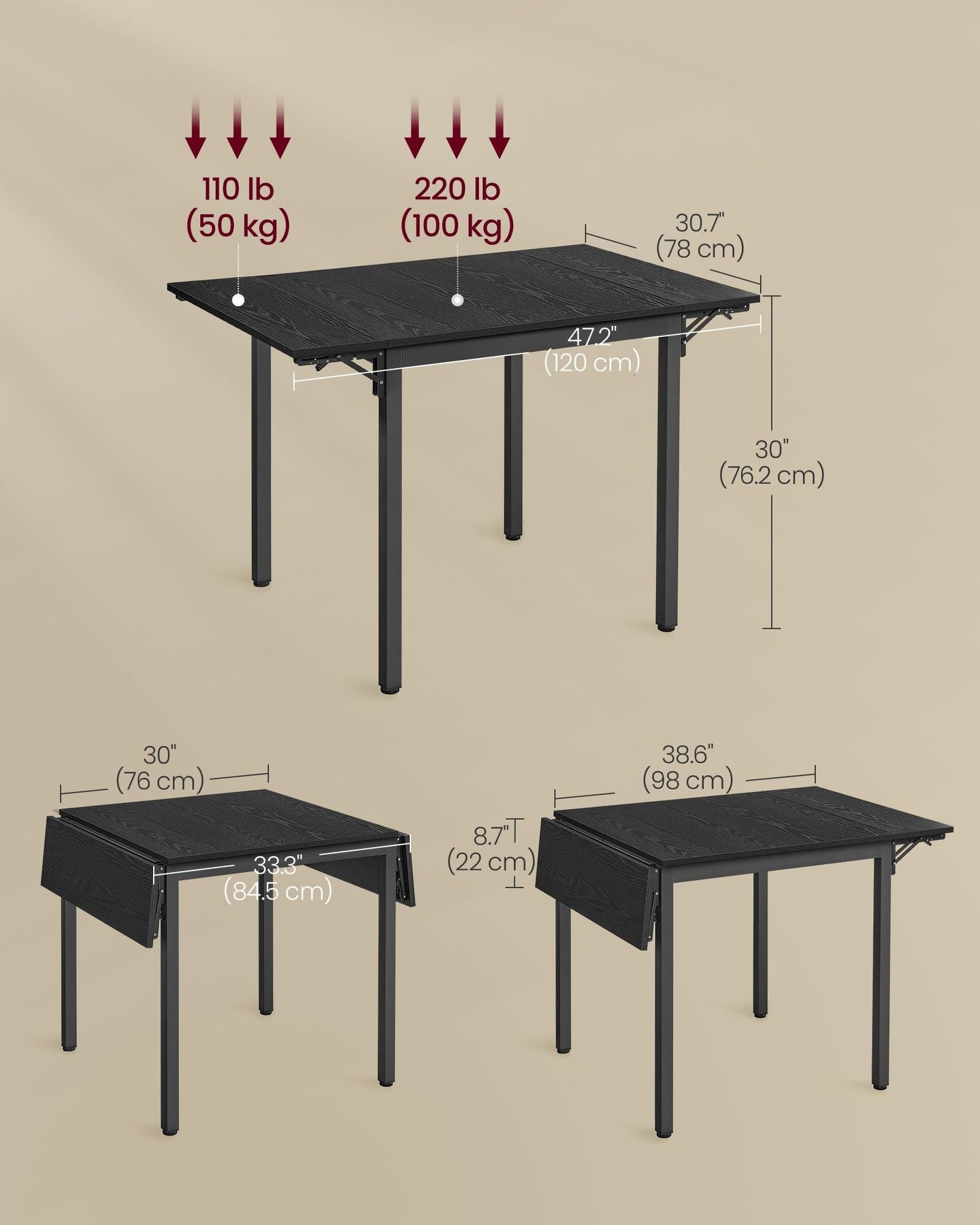 Folding Dining Table - MDF - Ebony Black - Extendable for Small Spaces