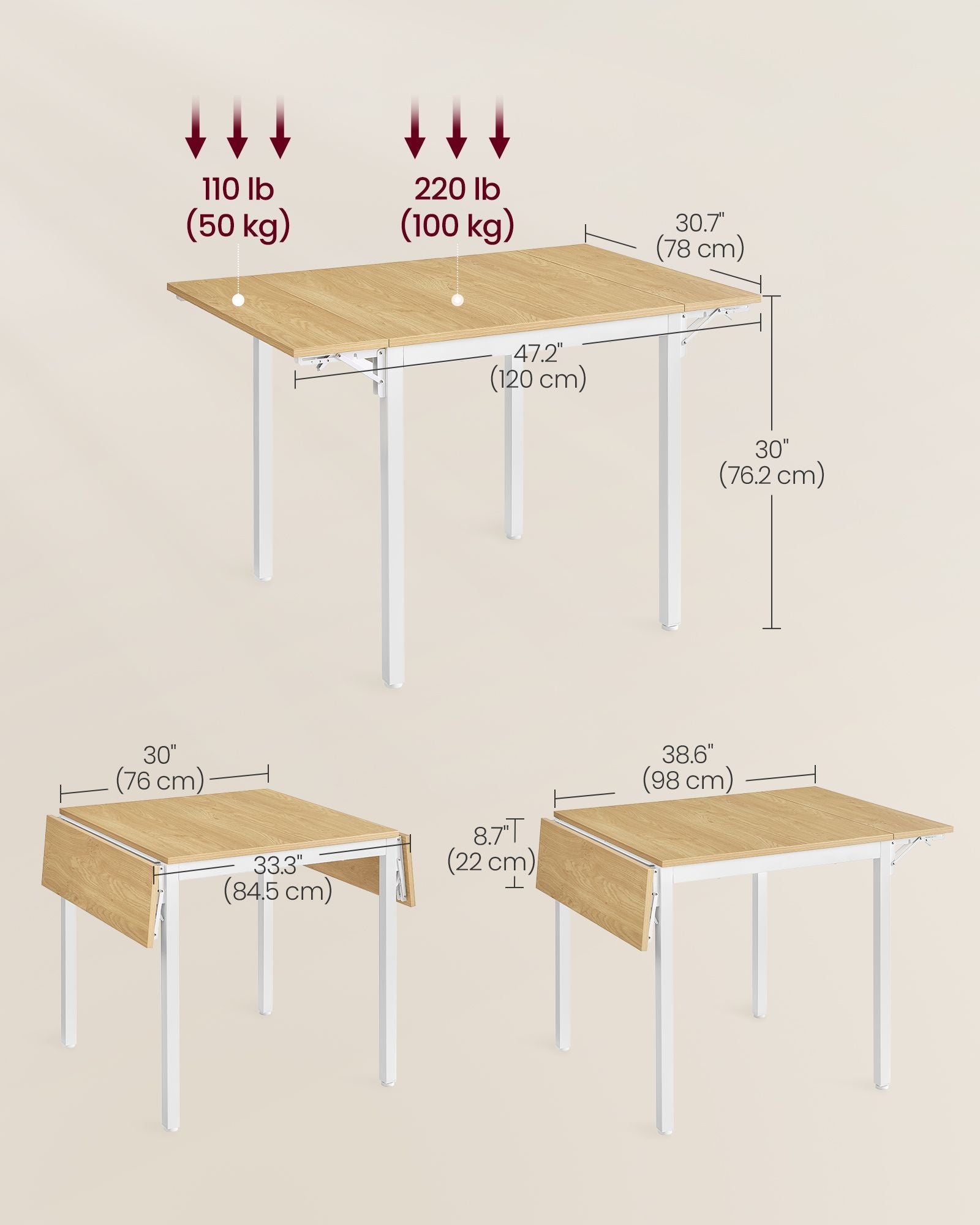 Folding Dining Table - Natural Oak - Extendable for 2-4 People