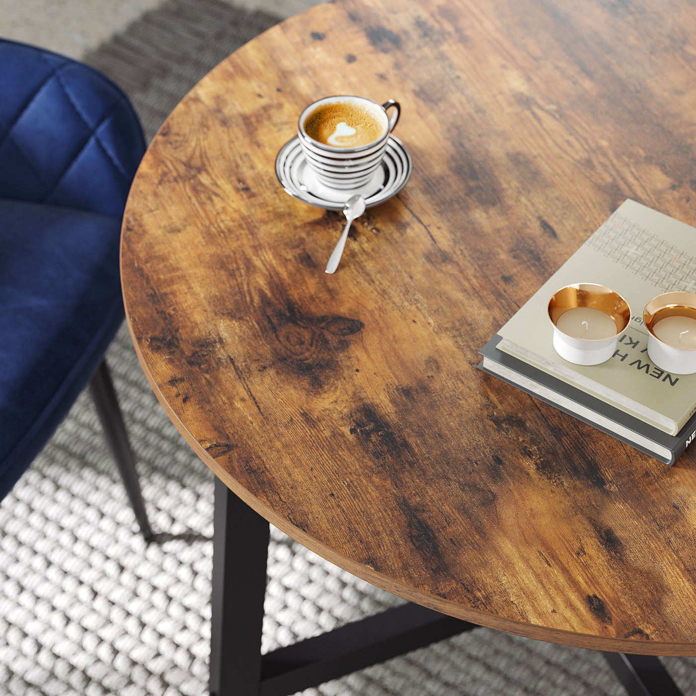 Round Dining Table - Wood - Rustic Brown and Black - 80 x 75 cm