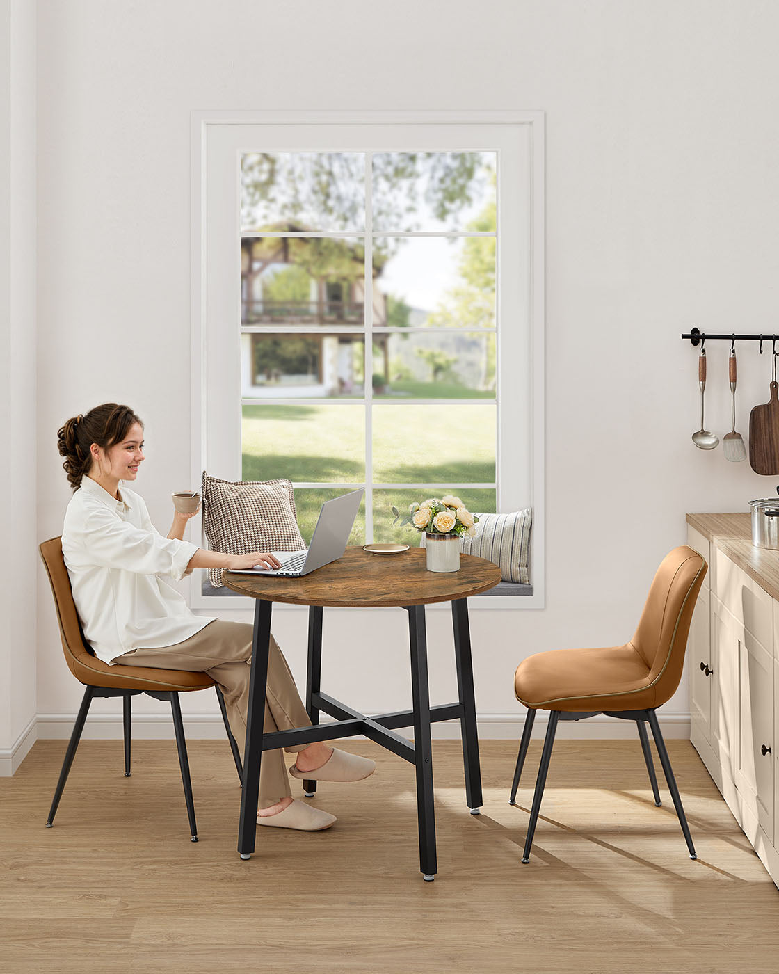 Round Dining Table - Wood - Rustic Brown and Black - 80 x 75 cm