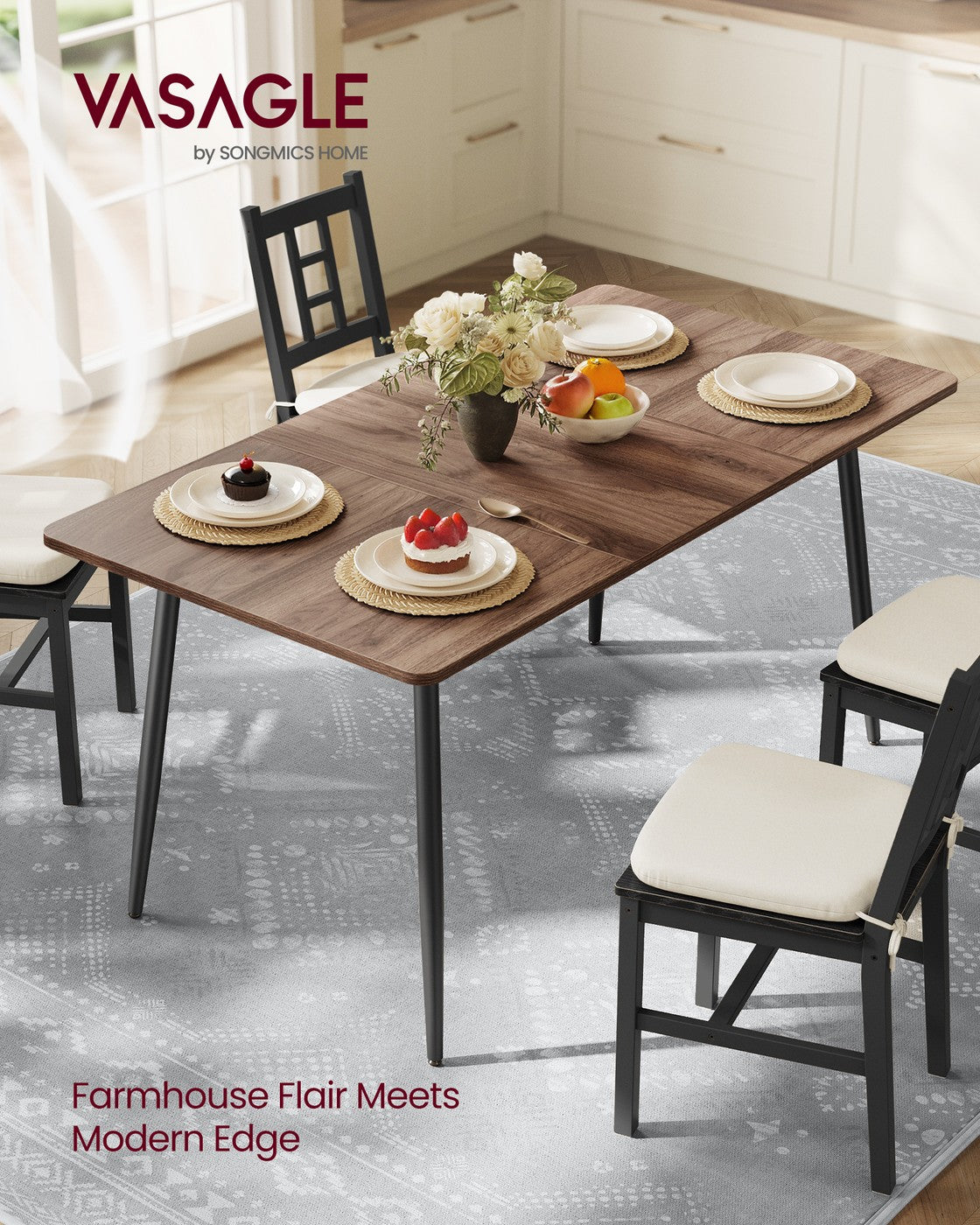 Dining Table Seats 4-6 People - Wood and Steel - Natural Walnut and Ink Black