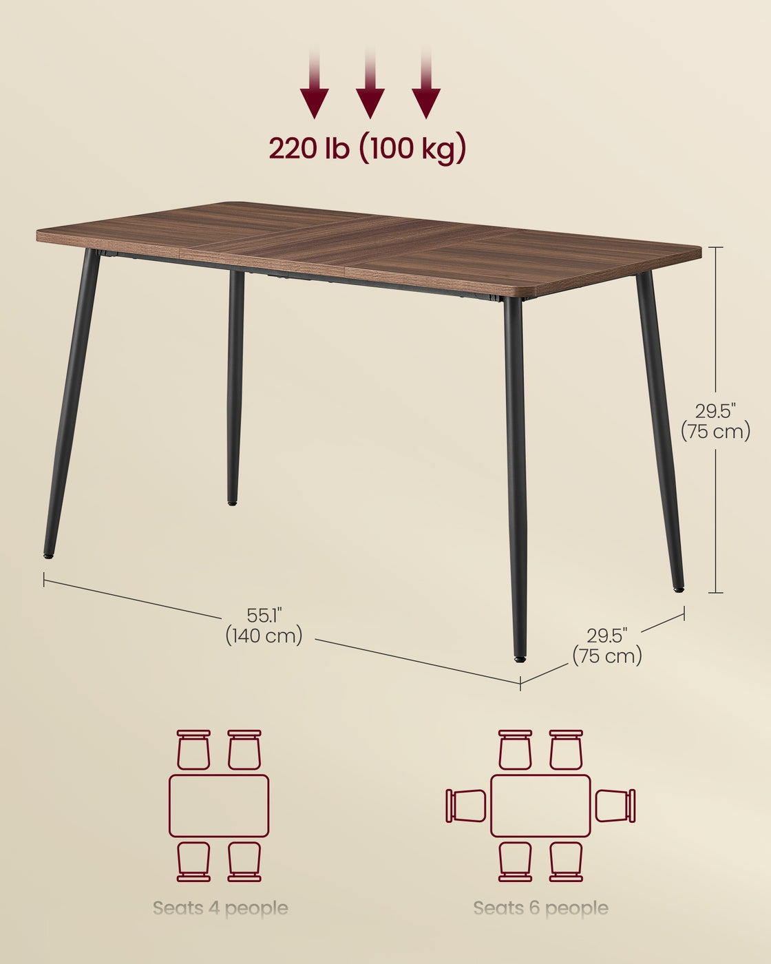 Dining Table Seats 4-6 People - Wood and Steel - Natural Walnut and Ink Black