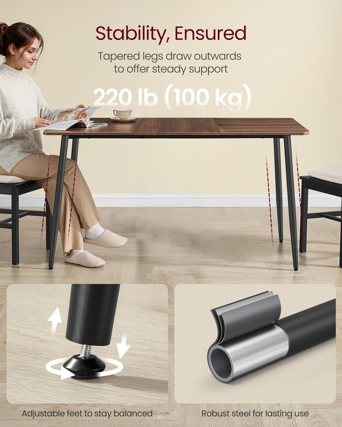 Dining Table Seats 4-6 People - Wood and Steel - Natural Walnut and Ink Black