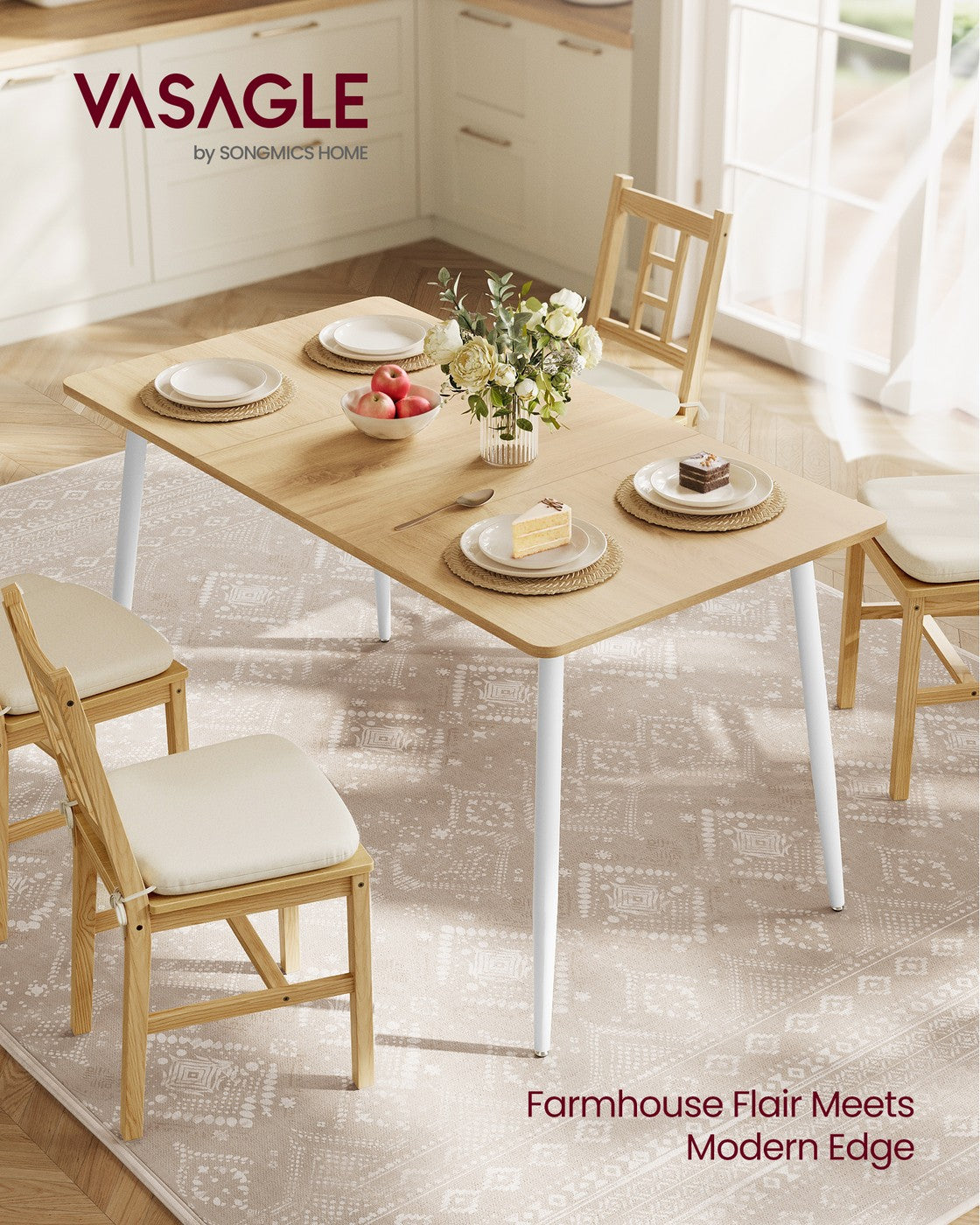 Dining Table Seats 4-6 People - Wood and Steel - Golden Oak and Cloud White