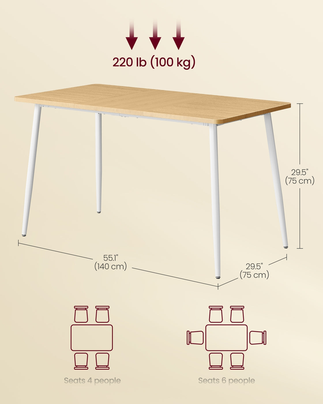 Dining Table Seats 4-6 People - Wood and Steel - Golden Oak and Cloud White