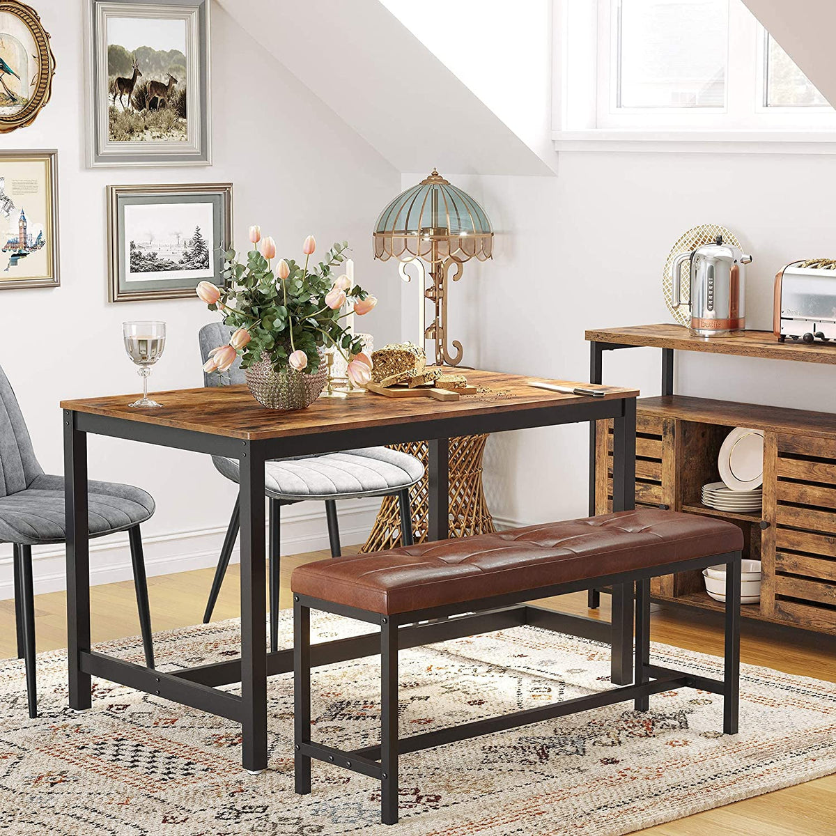 Dining Table - Heavy Duty, Seats 4 - Metal Frame - Rustic Brown - Rustic Aesthetic Enhances Your Home