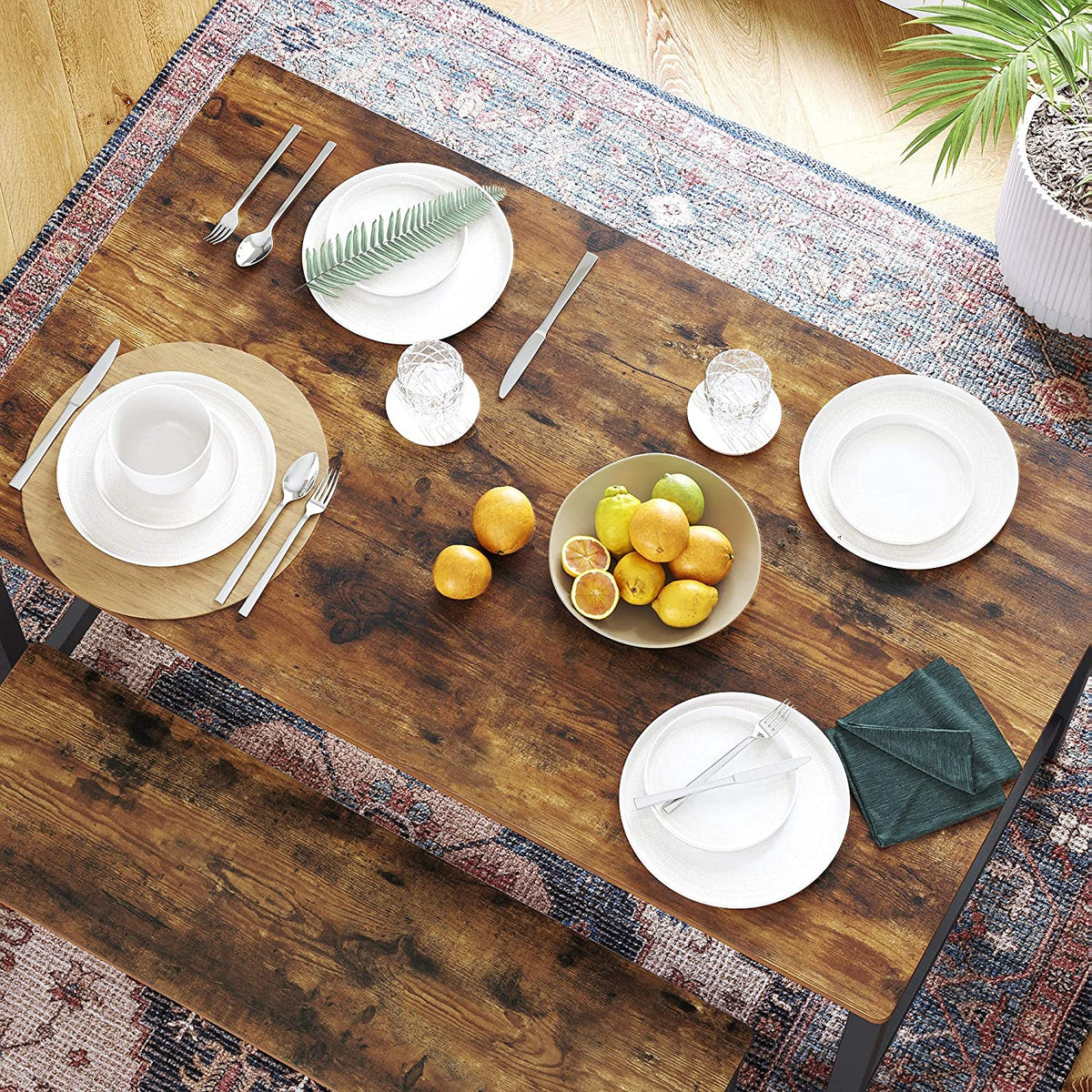 Dining Table - Heavy Duty, Seats 4 - Metal Frame - Rustic Brown - Rustic Aesthetic Enhances Your Home