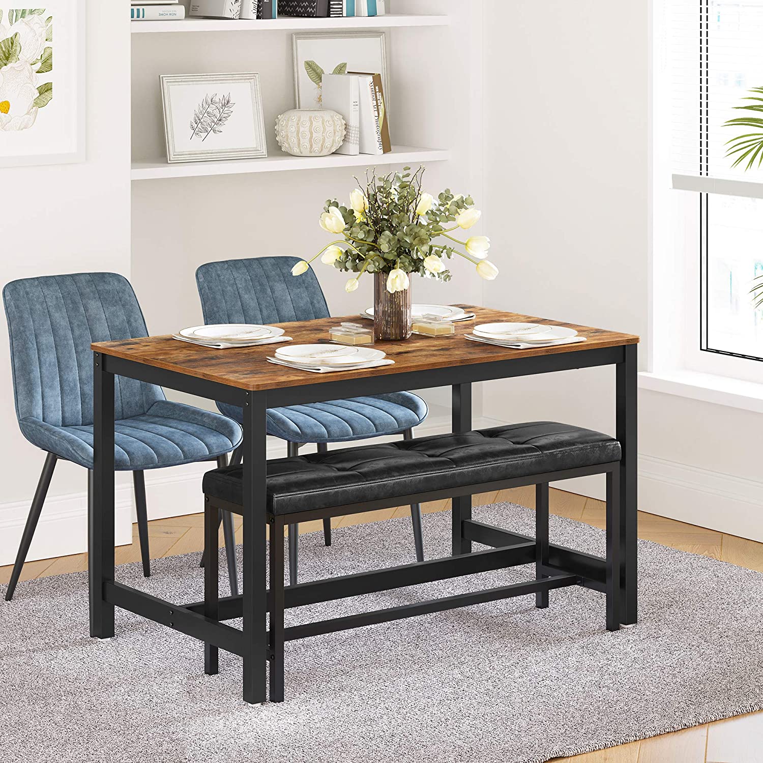 Dining Table - Heavy Duty, Seats 4 - Metal Frame - Rustic Brown - Rustic Aesthetic Enhances Your Home