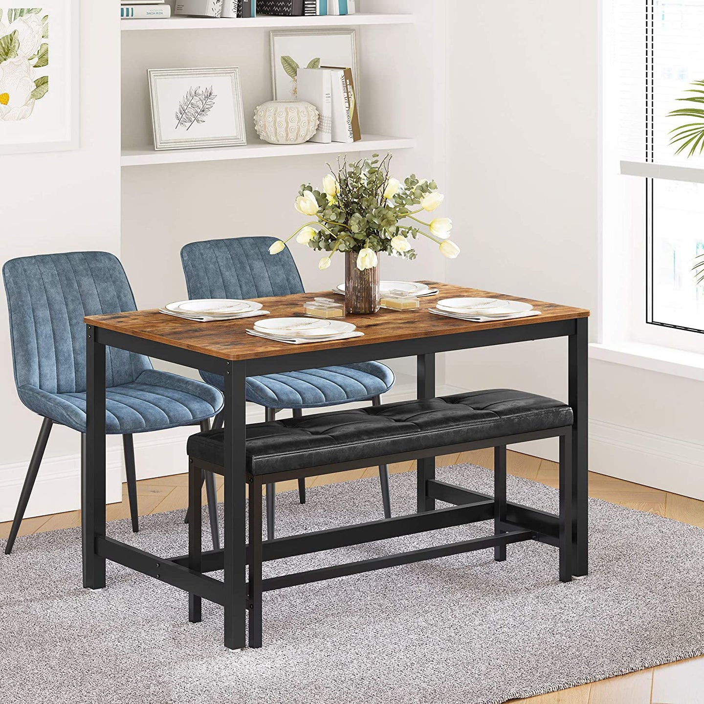 Dining Table - Heavy Duty, Seats 4 - Metal Frame - Rustic Brown - Rustic Aesthetic Enhances Your Home