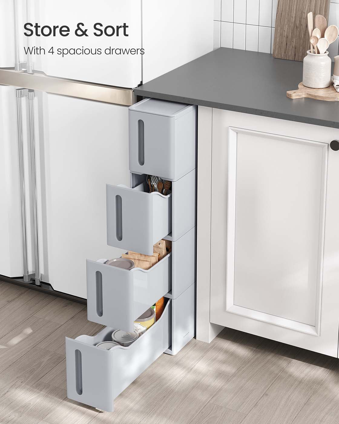 Rolling Storage Cart - Plastic - Grey - 4 Drawer Design on Wheels