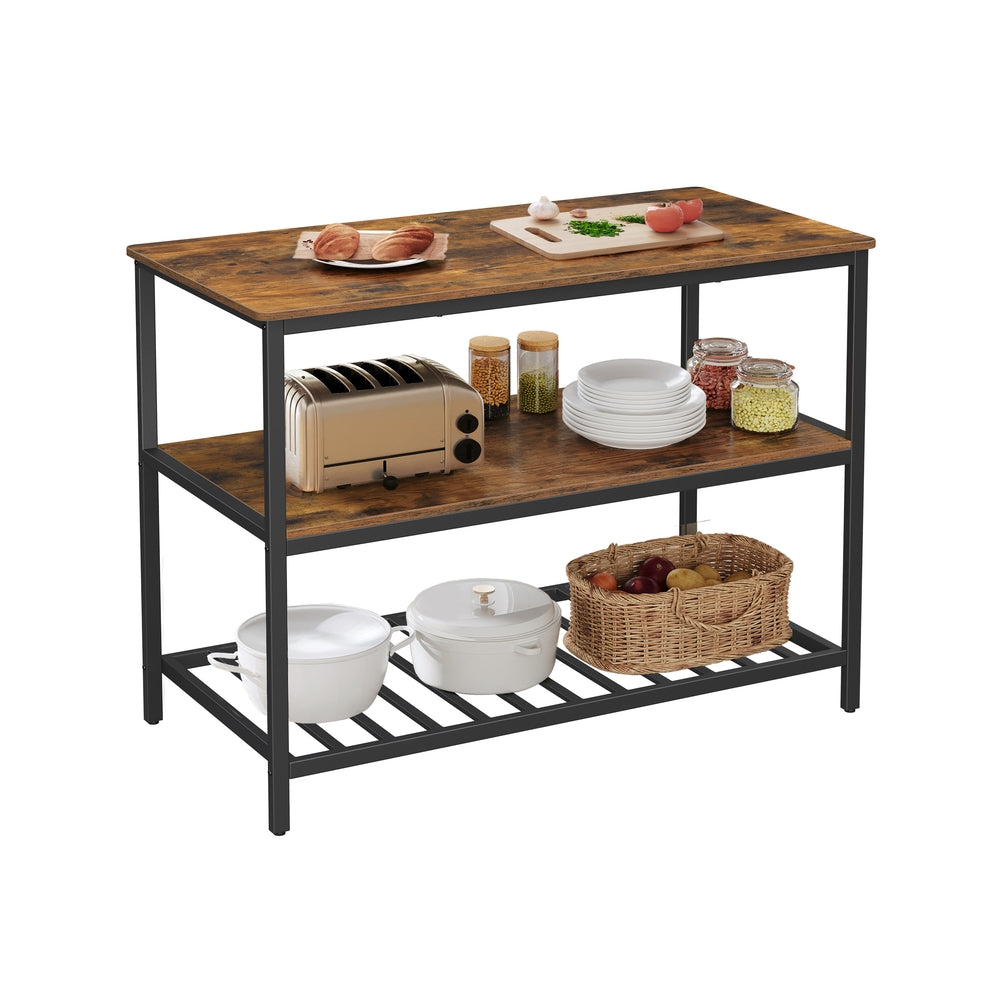 Kitchen Island - Steel - Rustic Brown and Black - Large Worktop with 3 Shelves