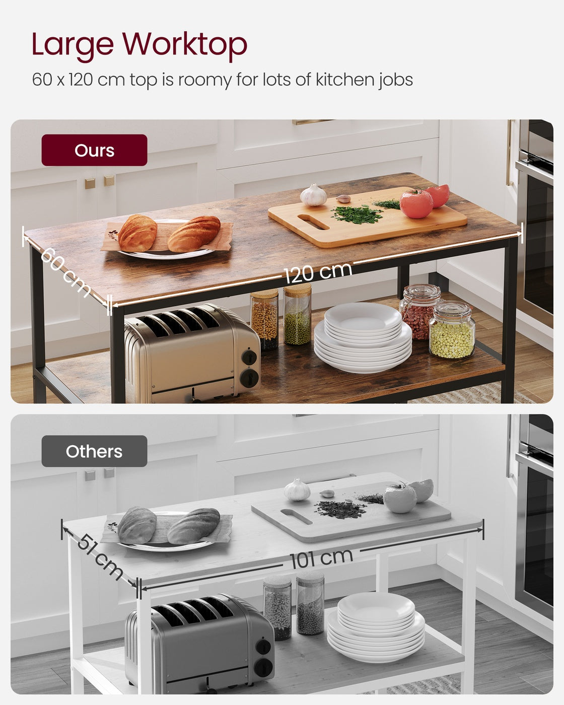 Kitchen Island - Steel - Rustic Brown and Black - Large Worktop with 3 Shelves