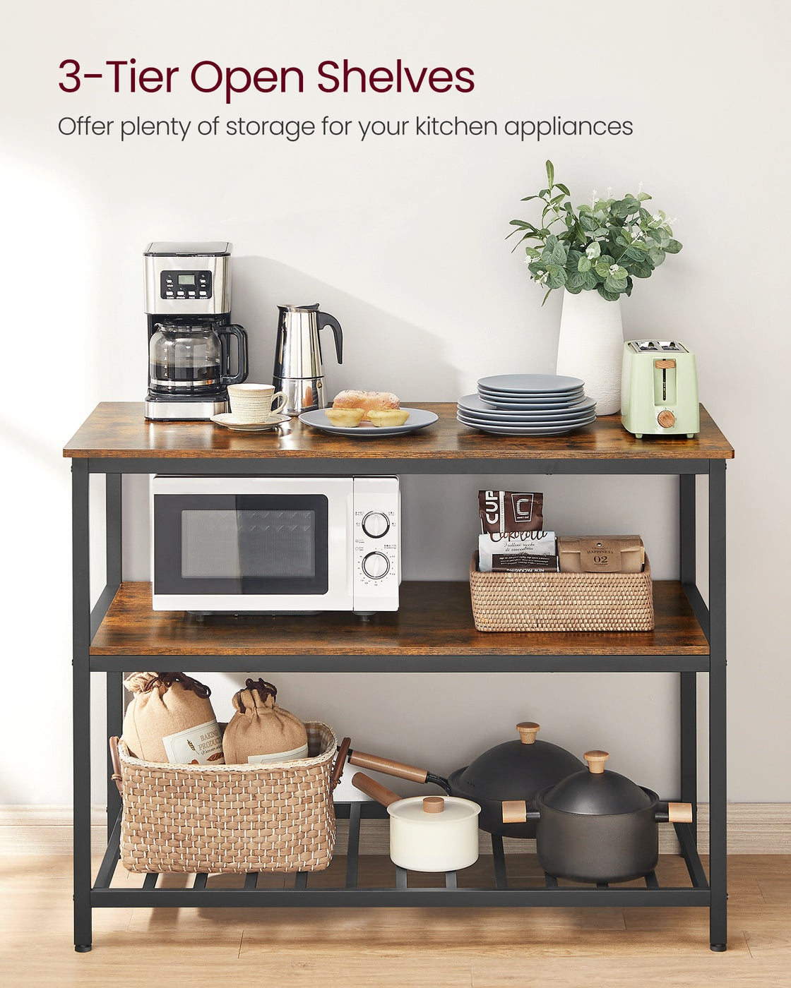 Kitchen Island - Steel - Rustic Brown and Black - Large Worktop with 3 Shelves