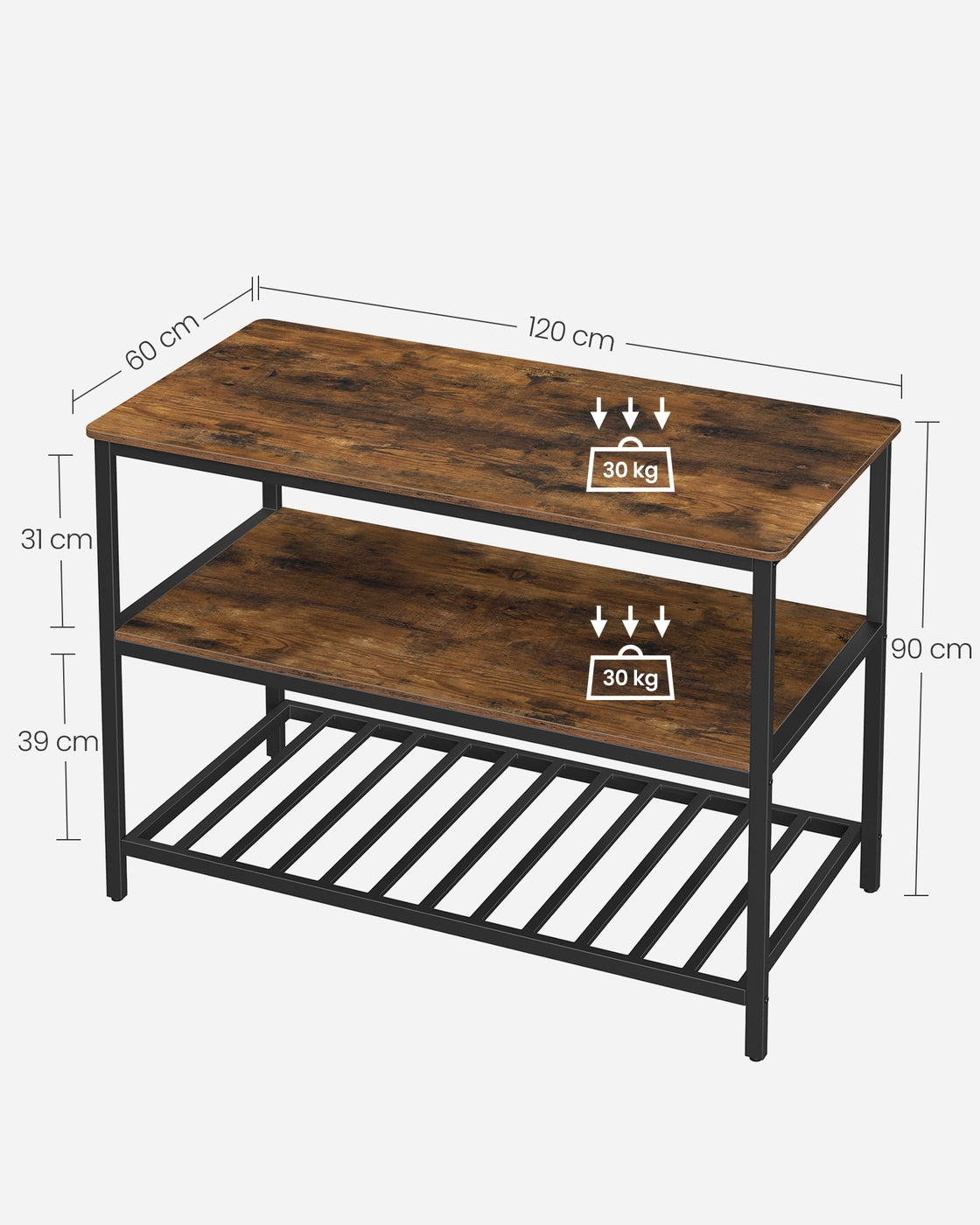 Kitchen Island - Steel - Rustic Brown and Black - Large Worktop with 3 Shelves
