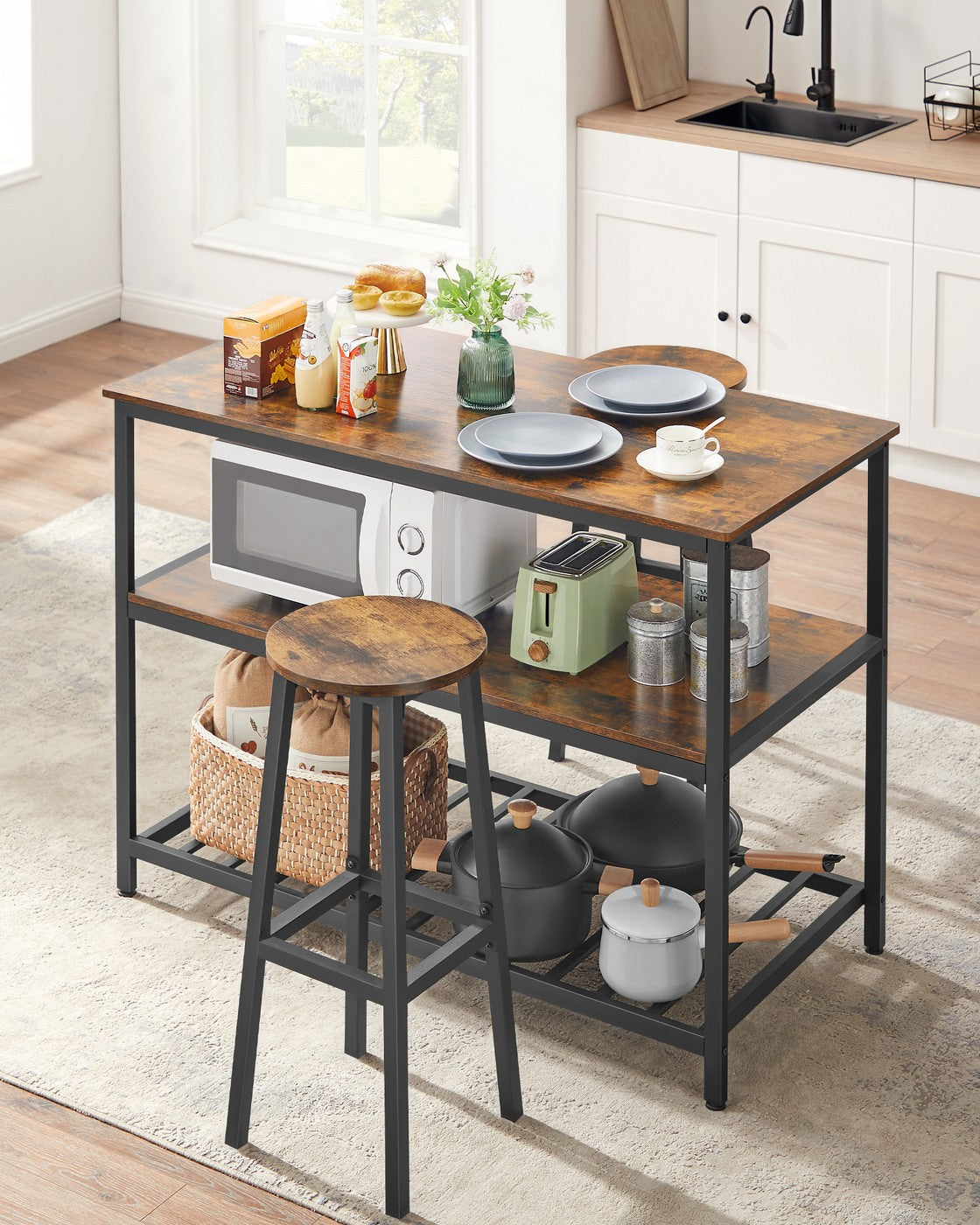Kitchen Island - Steel - Rustic Brown and Black - Large Worktop with 3 Shelves