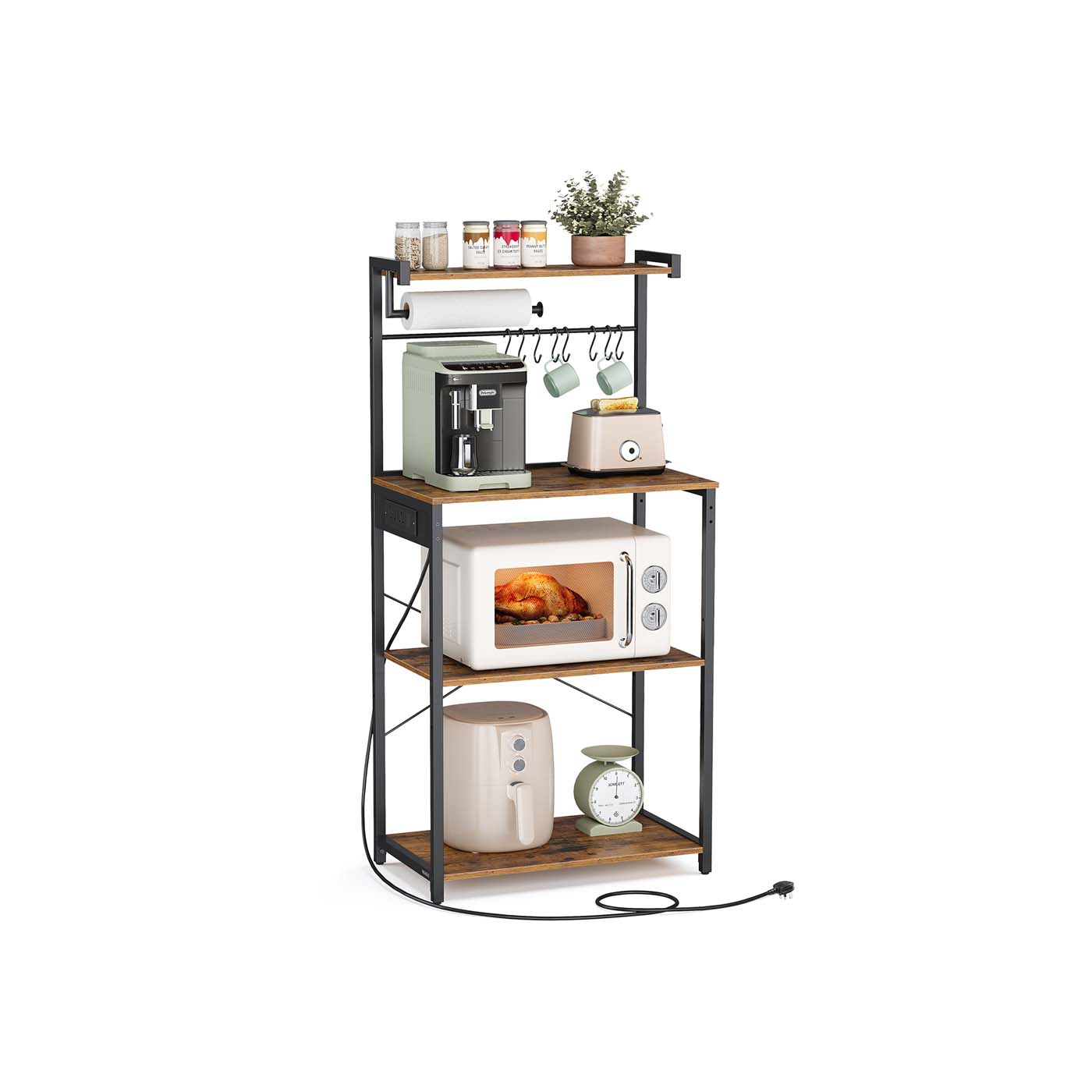 Kitchen Bakers Rack - Engineered Wood - Rustic Brown - 4-Tier with Power Outlet and Adjustable Shelf