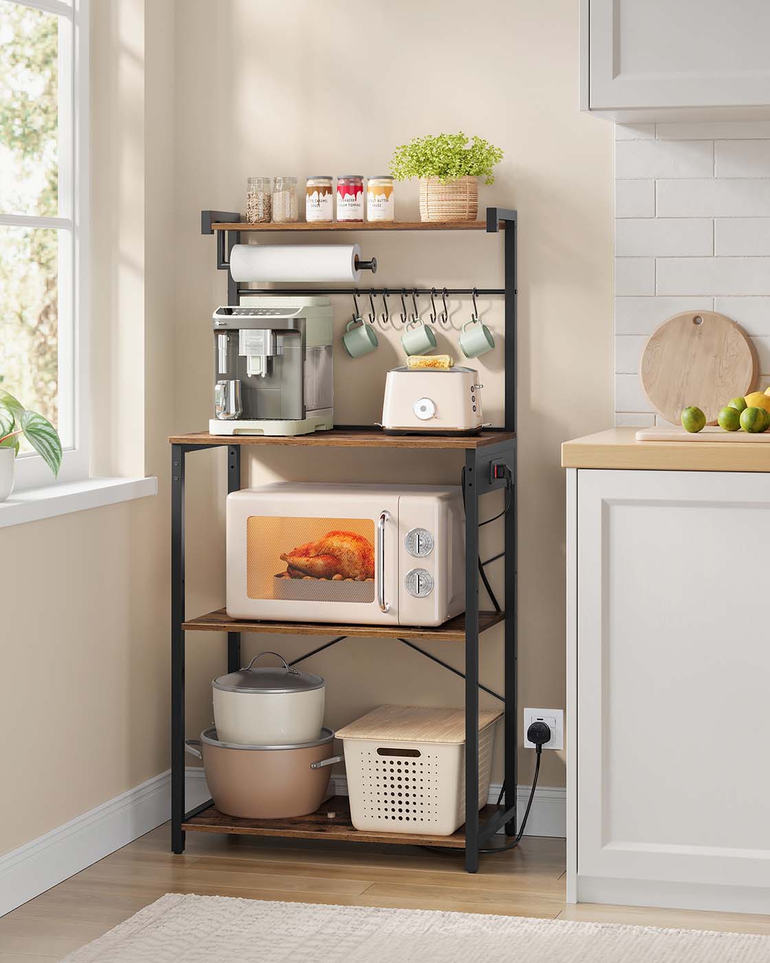 Kitchen Bakers Rack - Engineered Wood - Rustic Brown - 4-Tier with Power Outlet and Adjustable Shelf