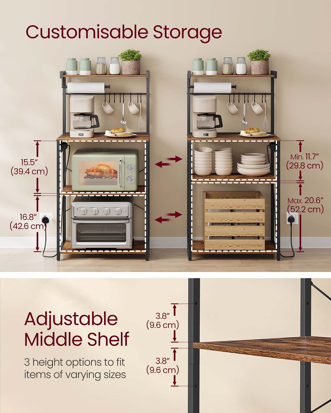 Kitchen Bakers Rack - Engineered Wood - Rustic Brown - 4-Tier with Power Outlet and Adjustable Shelf