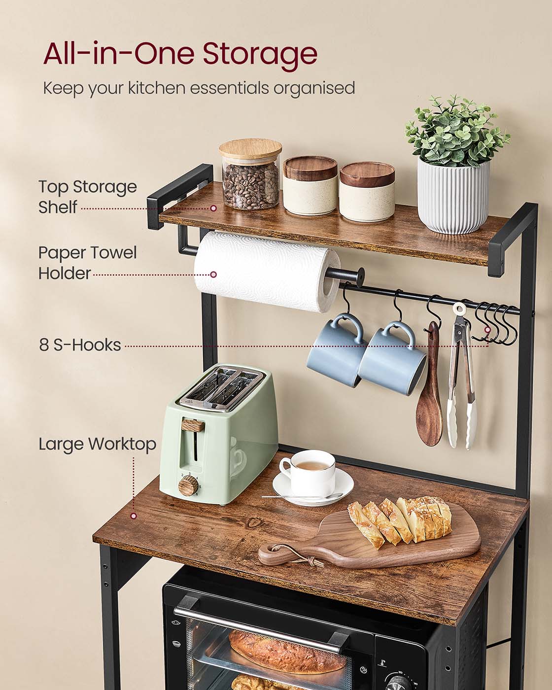 Kitchen Bakers Rack - Engineered Wood - Rustic Brown - 4-Tier with Power Outlet and Adjustable Shelf