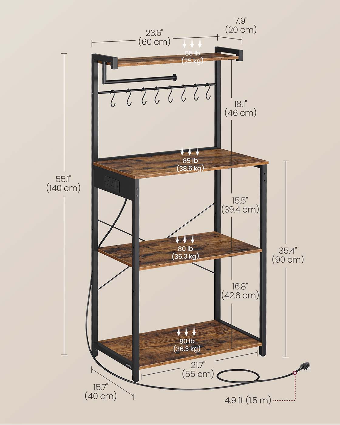 Kitchen Bakers Rack - Engineered Wood - Rustic Brown - 4-Tier with Power Outlet and Adjustable Shelf